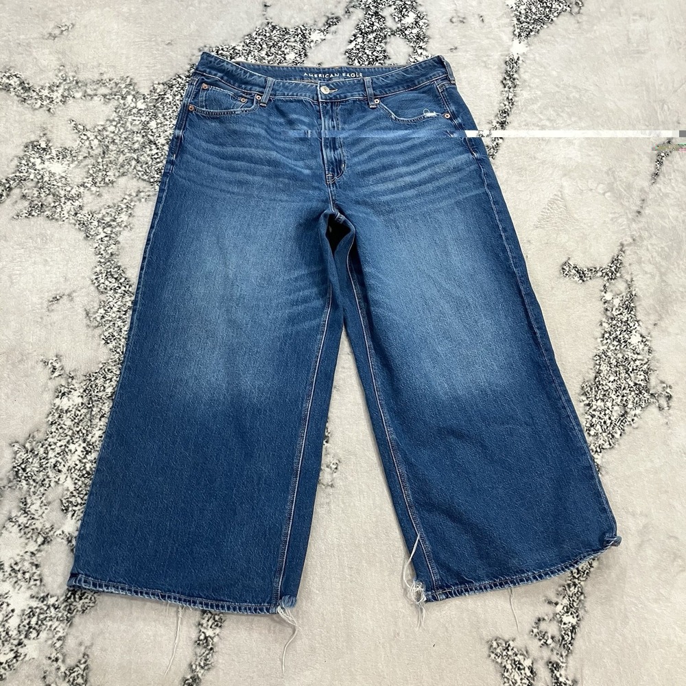 American Eagle Super High Rise Baggy Wide Leg‎ Ankle Jeans Raw Hem 16 Short